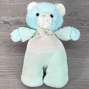 Vintage 1987 Applause Blue Cuddle Up Bear Cub Plush Chime Rattle in Knit Sweater